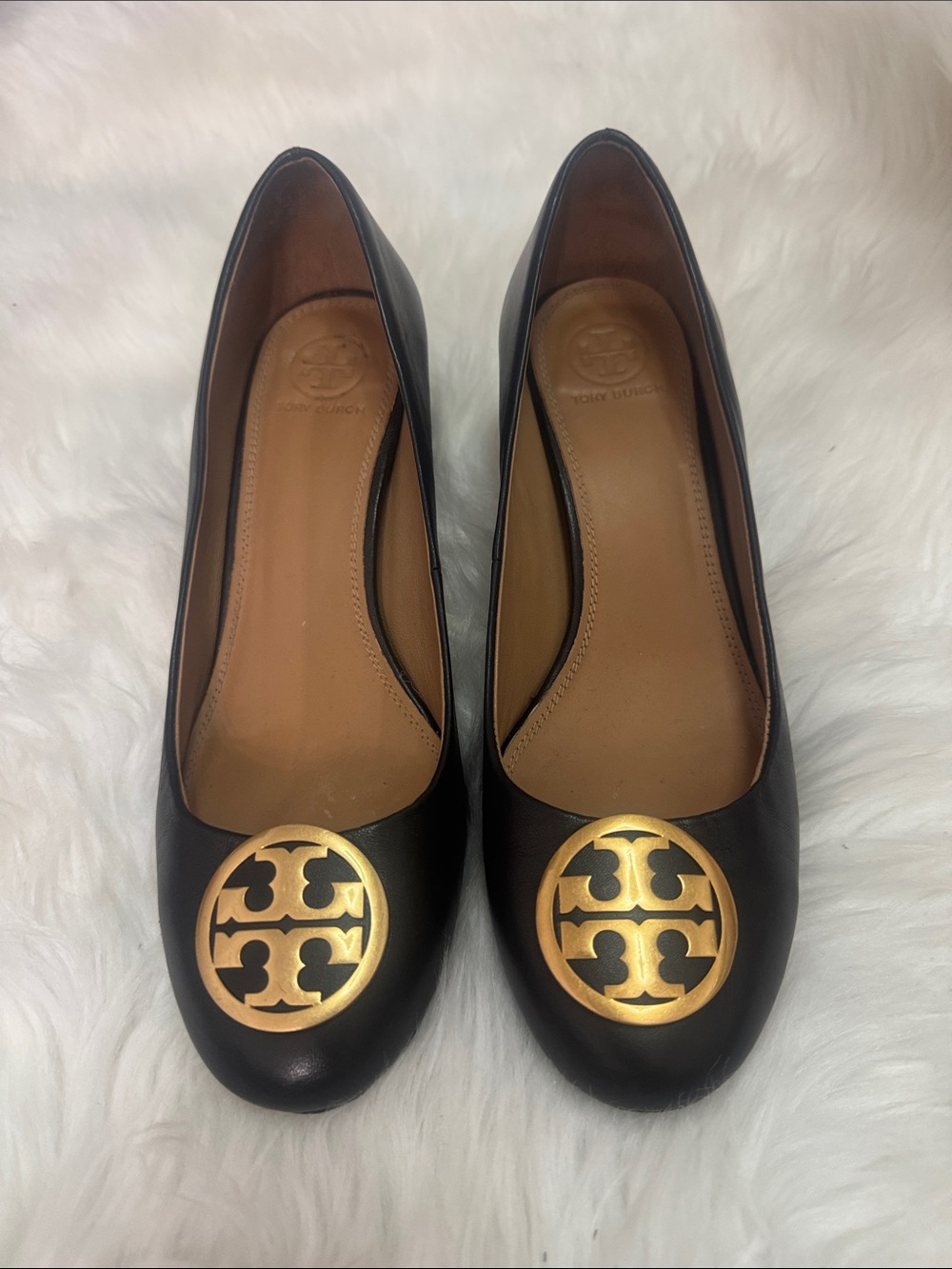Tory Burch Black Leather Heels with Gold Logo Medallion